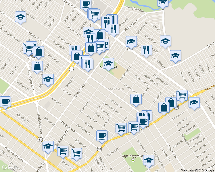 map of restaurants, bars, coffee shops, grocery stores, and more near 3011 Tyson Avenue in Philadelphia