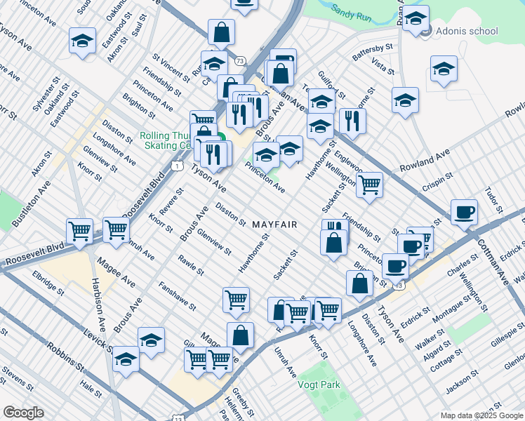 map of restaurants, bars, coffee shops, grocery stores, and more near 3011 Tyson Avenue in Philadelphia