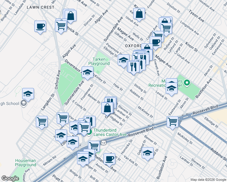 map of restaurants, bars, coffee shops, grocery stores, and more near 1301 Devereaux Avenue in Philadelphia