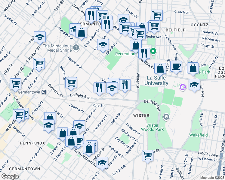 map of restaurants, bars, coffee shops, grocery stores, and more near 492 East Penn Street in Philadelphia