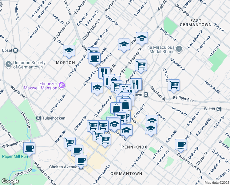 map of restaurants, bars, coffee shops, grocery stores, and more near 34 East Rittenhouse Street in Philadelphia