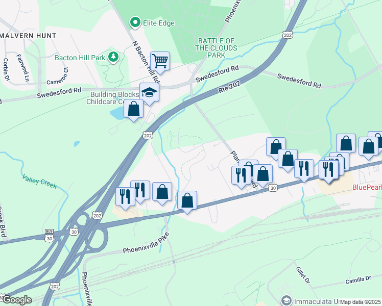 map of restaurants, bars, coffee shops, grocery stores, and more near 120 Cricket Drive in Malvern