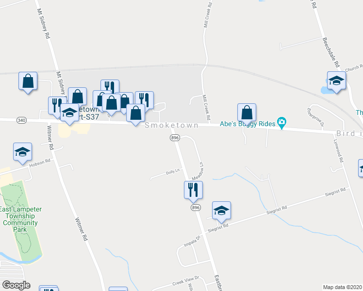 map of restaurants, bars, coffee shops, grocery stores, and more near 191 Eastbrook Road in Smoketown