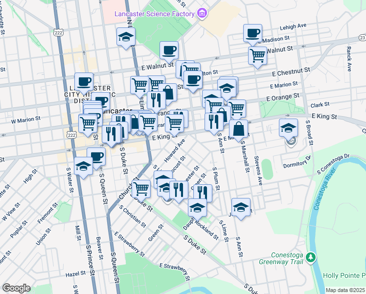map of restaurants, bars, coffee shops, grocery stores, and more near 20 Locust Street in Lancaster
