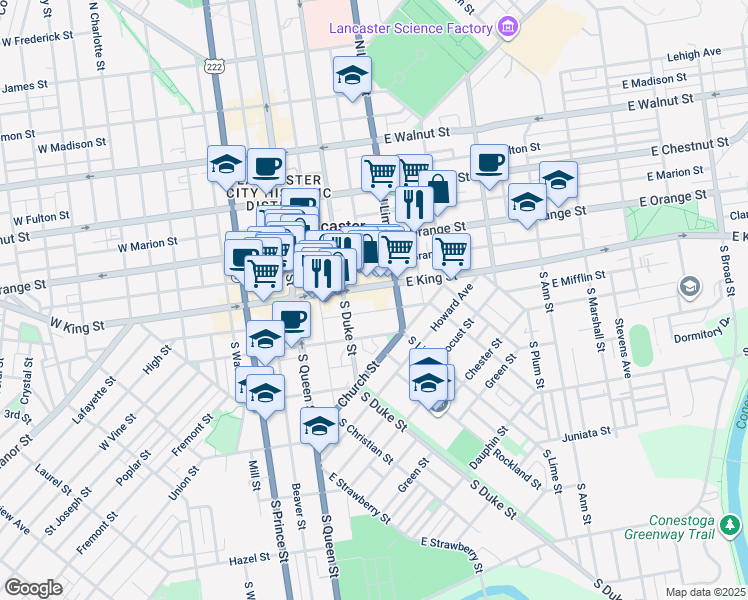 map of restaurants, bars, coffee shops, grocery stores, and more near 150 East King Street in Lancaster