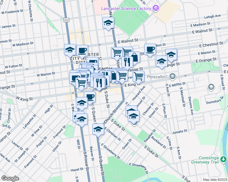 map of restaurants, bars, coffee shops, grocery stores, and more near 150 East King Street in Lancaster