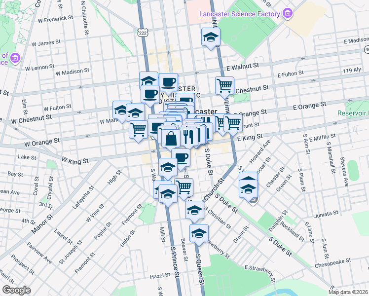 map of restaurants, bars, coffee shops, grocery stores, and more near 50 Elm Court in Lancaster