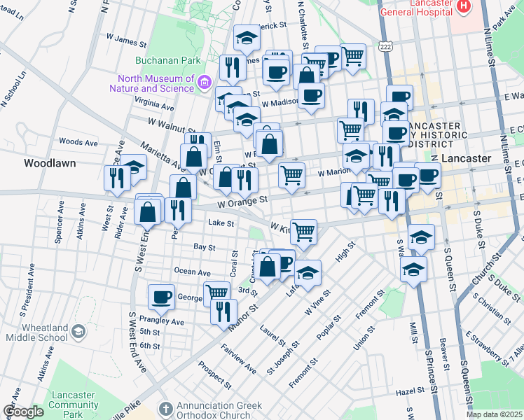 map of restaurants, bars, coffee shops, grocery stores, and more near 552-598 Nevin Street in Lancaster