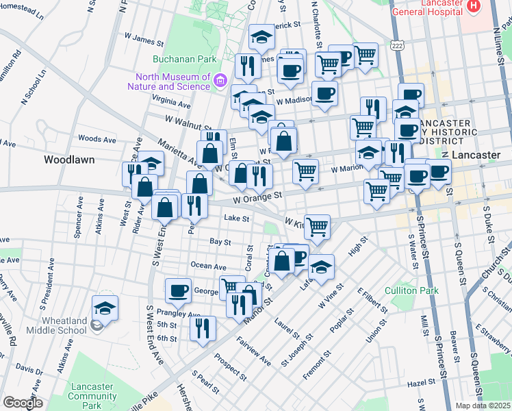 map of restaurants, bars, coffee shops, grocery stores, and more near 626 West Orange Street in Lancaster
