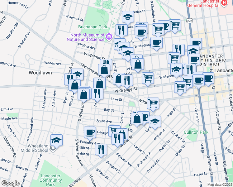 map of restaurants, bars, coffee shops, grocery stores, and more near 626 West Orange Street in Lancaster