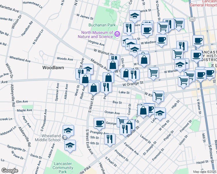 map of restaurants, bars, coffee shops, grocery stores, and more near 738 Pennsylvania 462 in Lancaster