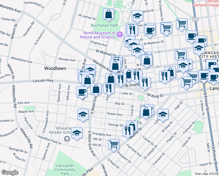 map of restaurants, bars, coffee shops, grocery stores, and more near 738 Pennsylvania 462 in Lancaster