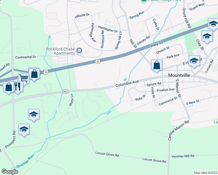 map of restaurants, bars, coffee shops, grocery stores, and more near 441 West Main Street in Mountville
