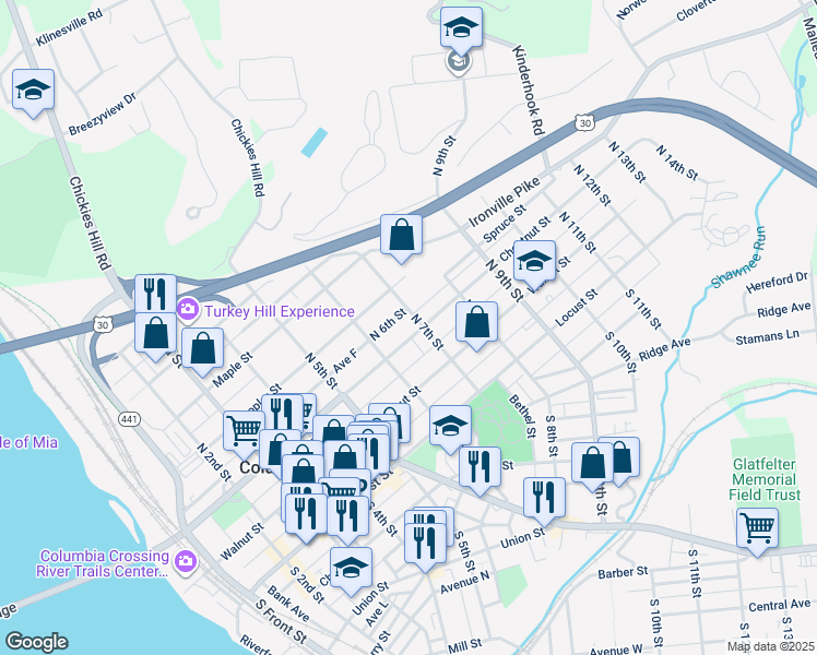 map of restaurants, bars, coffee shops, grocery stores, and more near 153 North 7th Street in Columbia