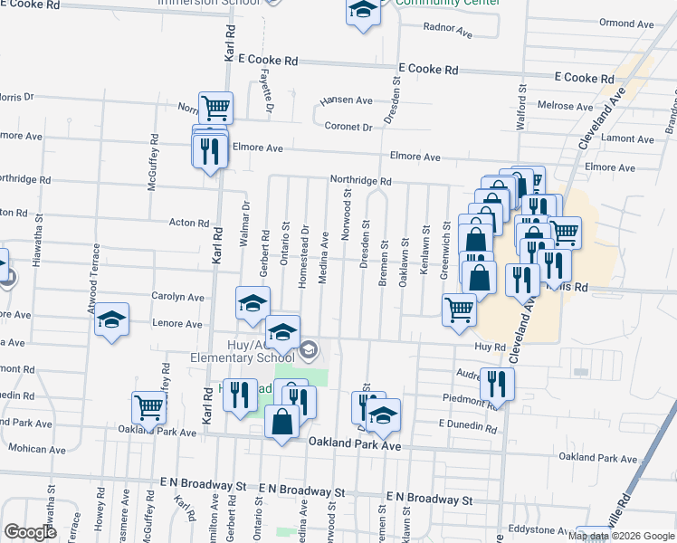map of restaurants, bars, coffee shops, grocery stores, and more near 3484 Medina Avenue in Columbus