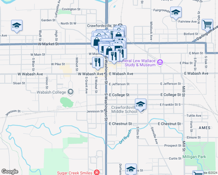map of restaurants, bars, coffee shops, grocery stores, and more near 404 South Washington Street in Crawfordsville