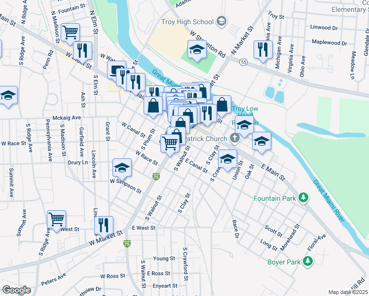 map of restaurants, bars, coffee shops, grocery stores, and more near 117 South Market Street in Troy