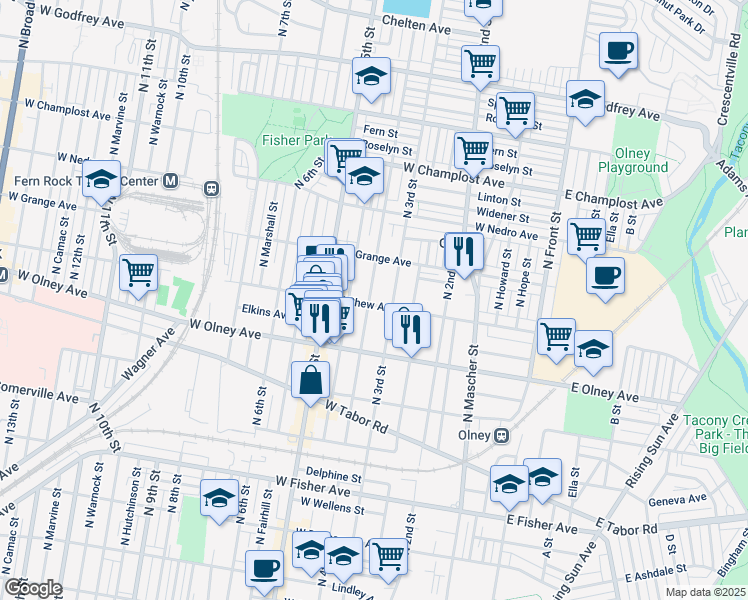 map of restaurants, bars, coffee shops, grocery stores, and more near 315 West Chew Avenue in Philadelphia