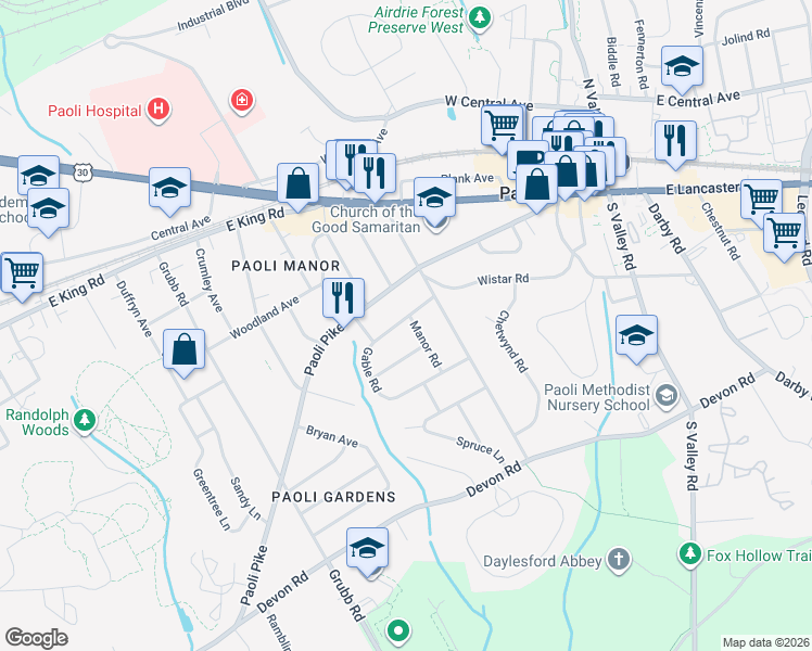 map of restaurants, bars, coffee shops, grocery stores, and more near 102 Manor Road in Paoli