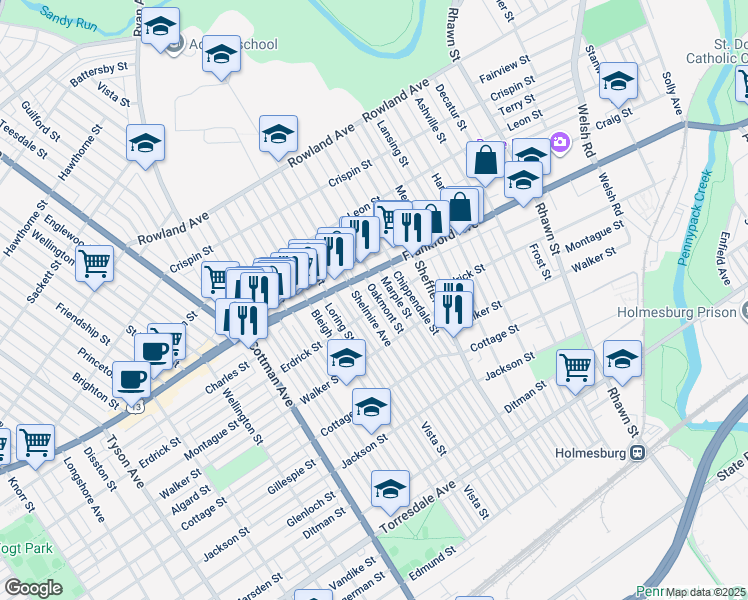 map of restaurants, bars, coffee shops, grocery stores, and more near 4026 Oakmont Street in Philadelphia