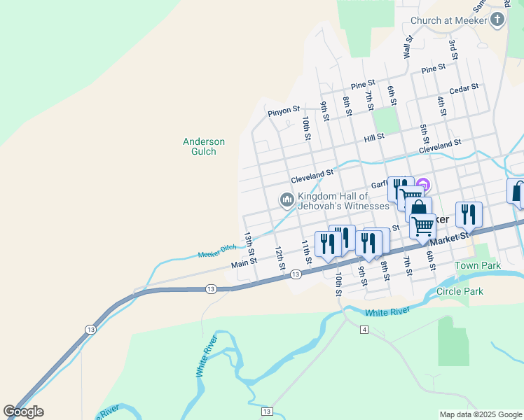 map of restaurants, bars, coffee shops, grocery stores, and more near 1239 Garfield Street in Meeker