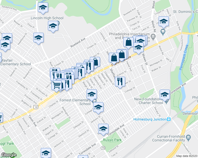 map of restaurants, bars, coffee shops, grocery stores, and more near 4026 Oakmont Street in Philadelphia