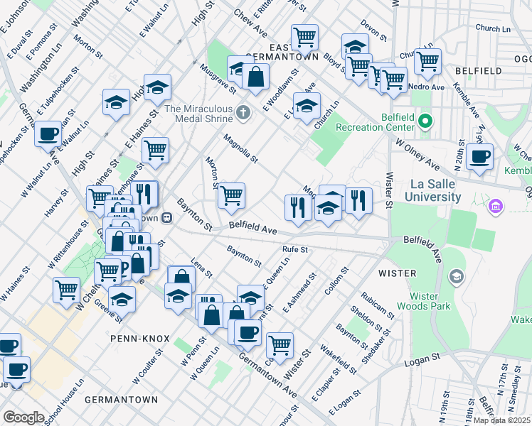map of restaurants, bars, coffee shops, grocery stores, and more near 5376 Wingohocking Heights in Philadelphia