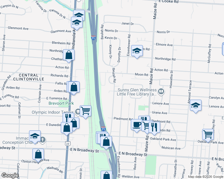 map of restaurants, bars, coffee shops, grocery stores, and more near 3577 Beulah Road in Columbus