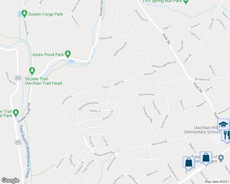 map of restaurants, bars, coffee shops, grocery stores, and more near 102 Bassatt Drive in Downingtown