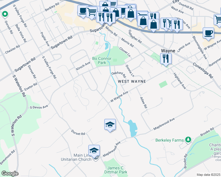 map of restaurants, bars, coffee shops, grocery stores, and more near 106 Oakford Circle in Wayne