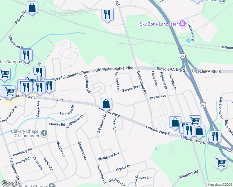 map of restaurants, bars, coffee shops, grocery stores, and more near 1834 Serene Way in Lancaster