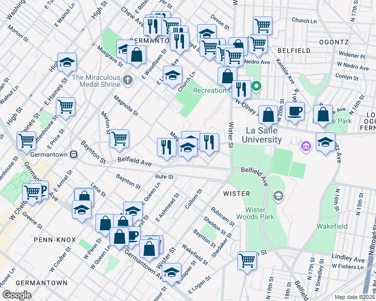 map of restaurants, bars, coffee shops, grocery stores, and more near 492 East Penn Street in Philadelphia