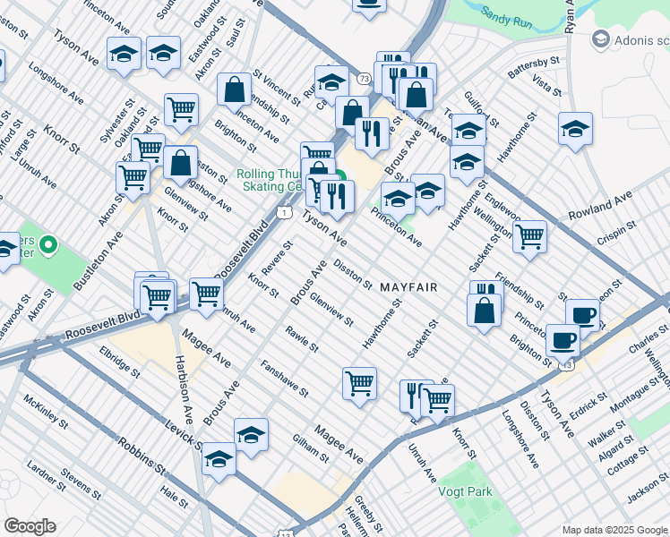 map of restaurants, bars, coffee shops, grocery stores, and more near 2914 Disston Street in Philadelphia