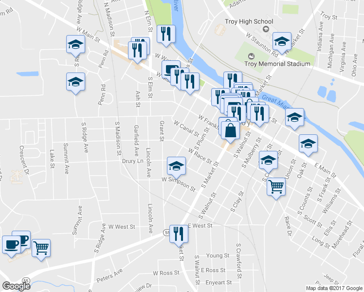 map of restaurants, bars, coffee shops, grocery stores, and more near 302 West Race Street in Troy