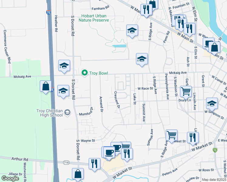 map of restaurants, bars, coffee shops, grocery stores, and more near 404 Crescent Drive in Troy
