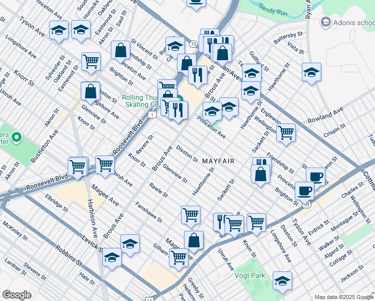 map of restaurants, bars, coffee shops, grocery stores, and more near 2937 Disston St in Philadelphia