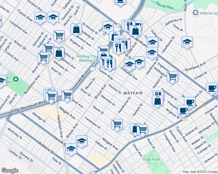 map of restaurants, bars, coffee shops, grocery stores, and more near 2914 Disston Street in Philadelphia