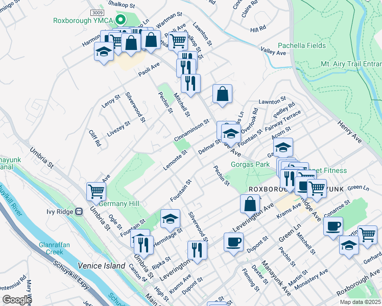 map of restaurants, bars, coffee shops, grocery stores, and more near 381 Lemonte Street in Philadelphia