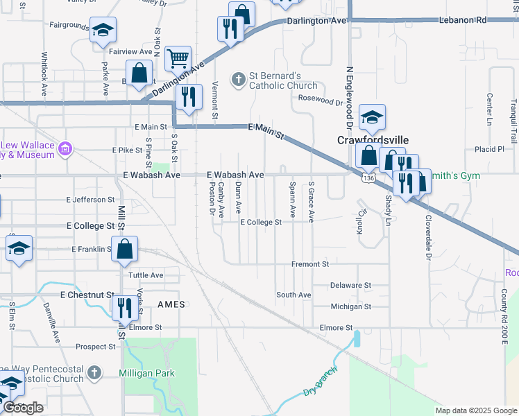 map of restaurants, bars, coffee shops, grocery stores, and more near 408 Wilson Avenue in Crawfordsville