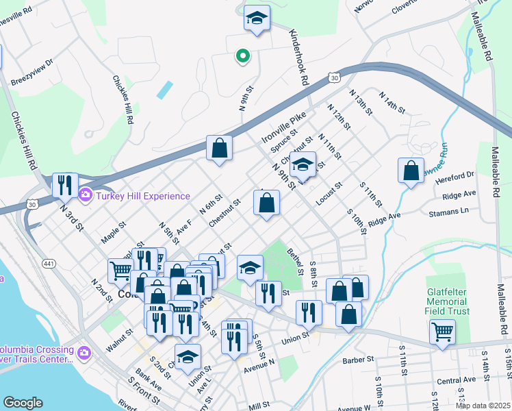 map of restaurants, bars, coffee shops, grocery stores, and more near 733 Avenue G in Columbia