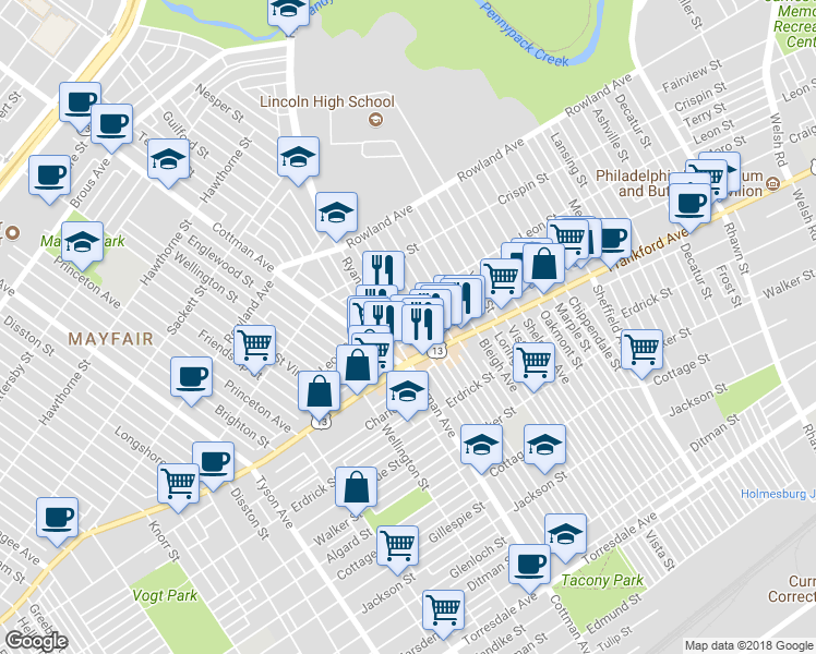map of restaurants, bars, coffee shops, grocery stores, and more near 3524 Aldine Street in Philadelphia