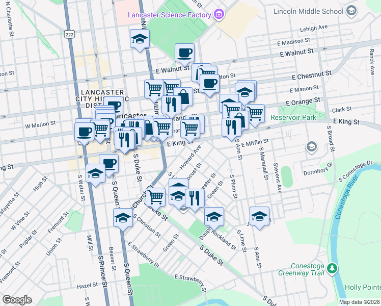 map of restaurants, bars, coffee shops, grocery stores, and more near 54 Howard Ave in Lancaster