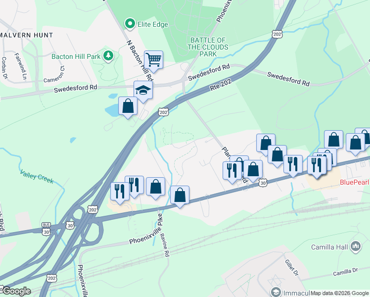 map of restaurants, bars, coffee shops, grocery stores, and more near 120 Cricket Drive in Malvern