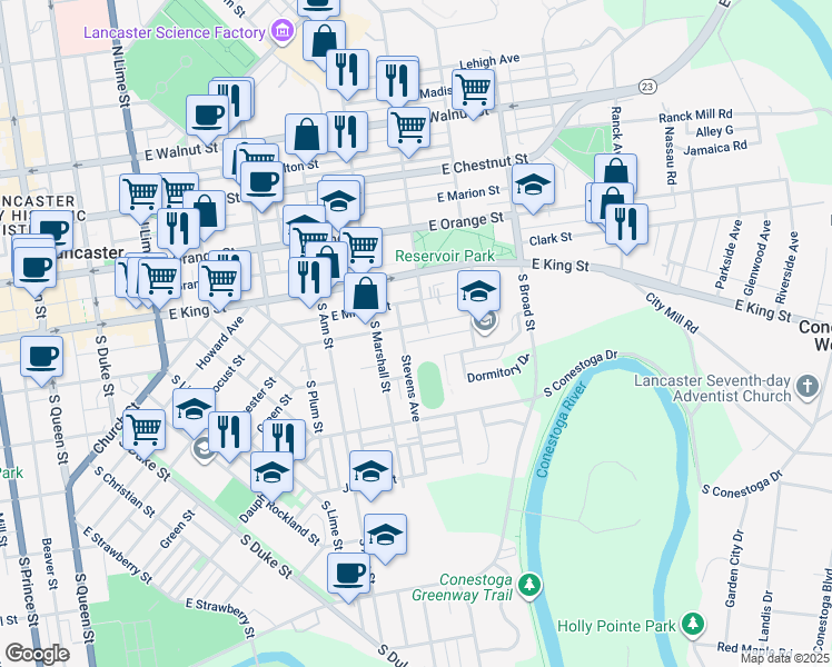 map of restaurants, bars, coffee shops, grocery stores, and more near 640 East End Avenue in Lancaster