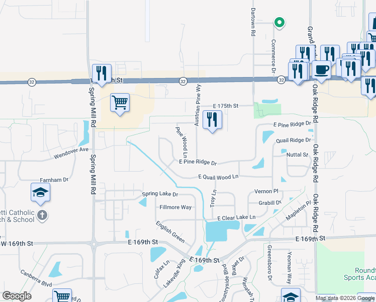 map of restaurants, bars, coffee shops, grocery stores, and more near 17323 Pine Wood Lane in Westfield