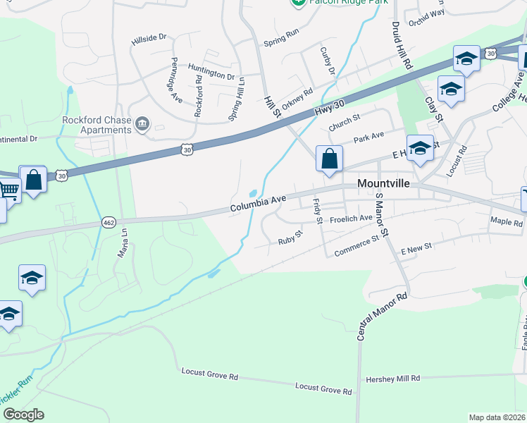 map of restaurants, bars, coffee shops, grocery stores, and more near 36 South Pearl Street in Mountville