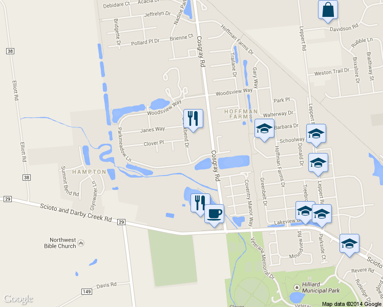 map of restaurants, bars, coffee shops, grocery stores, and more near 4286 Creekbend Drive in Hilliard