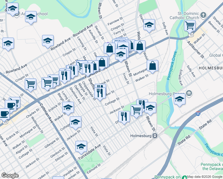 map of restaurants, bars, coffee shops, grocery stores, and more near 4227 Lansing St in Philadelphia