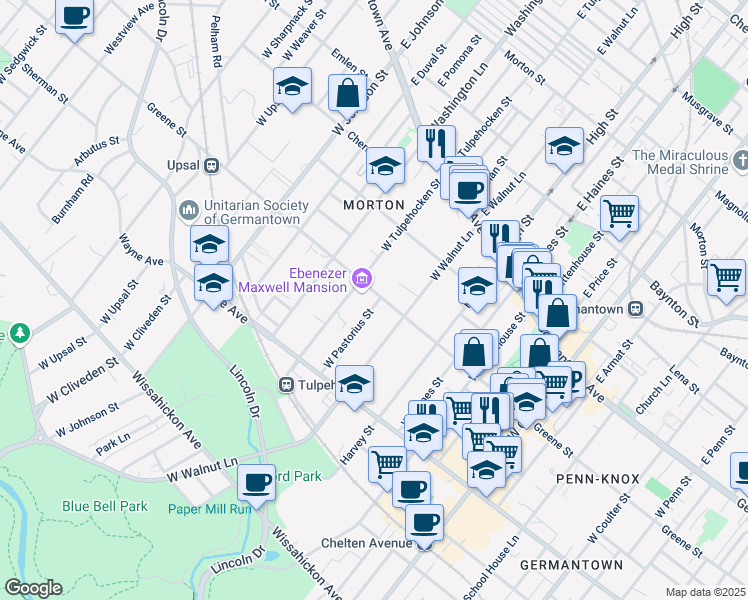 map of restaurants, bars, coffee shops, grocery stores, and more near 6124 Greene Street in Philadelphia