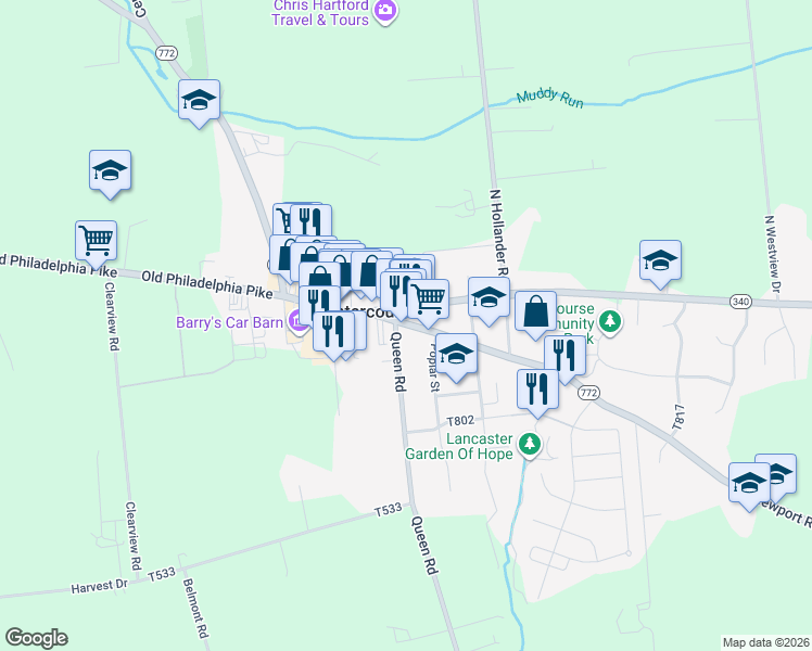 map of restaurants, bars, coffee shops, grocery stores, and more near 3613 East Newport Road in Intercourse
